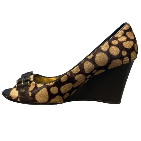 J Crew Collection Animal Print Calf Hair Peep Toe Horsebit Wedge Shoes Womens 8 - Picture 4 of 16